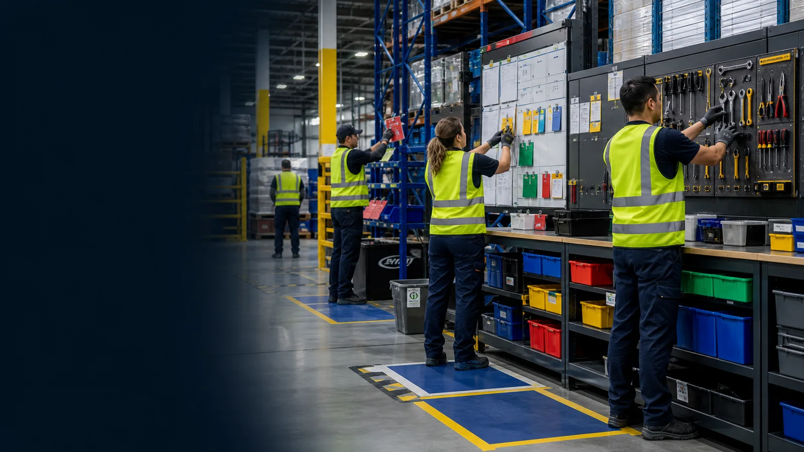 Warehouse team maintaining visual management and 6S workplace standards