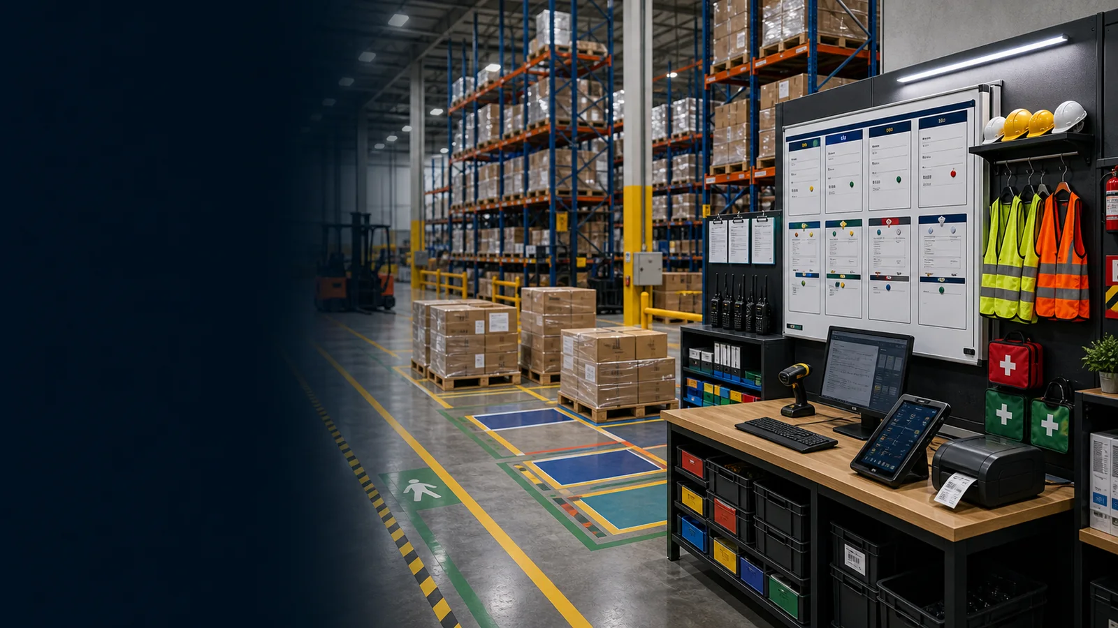 Organised warehouse workstation with visual boards, pallet lanes and digital devices